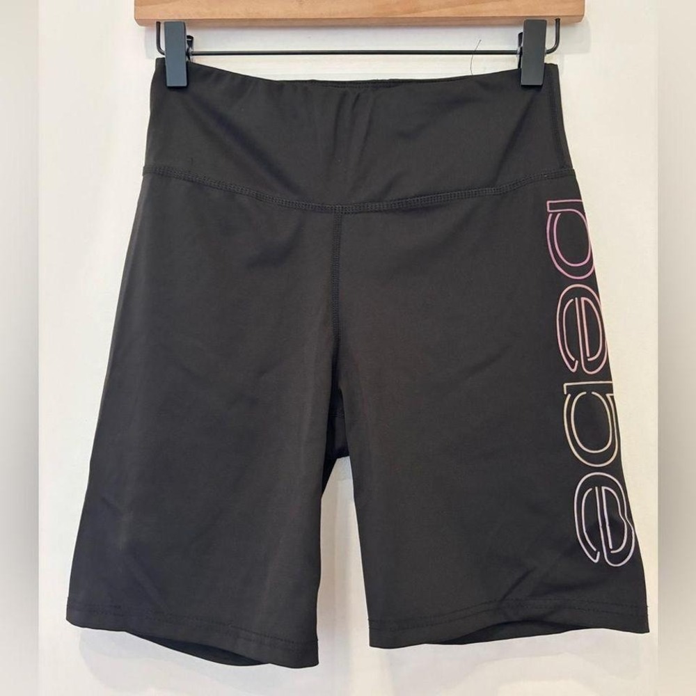 Bebe Y2K 90s shiny rainbow logo biker shorts spandex workout lounge athleisure